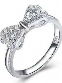 1pc Elegant Minimalist Rhinestone Bow Ring For Women, Daily Wear - Silver - View 4