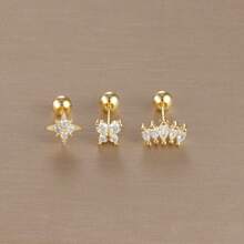 3 chiếc bông tai xoắn ốc bằng thép không gỉ mạ vàng 18K Cubic Zirconia, bông tai sụn Cubic Zirconia hình hoa, trang sức hàng ngày cho phụ nữ - Hoa3 - Xem 10