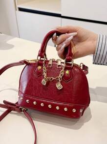 Simple Solid Color Niche Design Dice Chain Pendant Decorative Handbag, Exquisite Small Portable Practical Daily Versatile Lipstick Bag, Rivet Decoration Sweet Cool Hot Girl Adjustable Shoulder Strap Crossbody Bag, Suitable For Dating Shopping Outing Storage Mobile Phone Lipstick Change