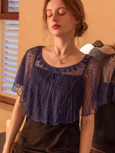 1pc 2020s High-Quality Women's Cape Shawl, Vintage Elegant Short Shawl With Beaded & Embroidered Details