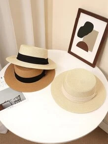 1 件女士宽边平顶帽，黑色编织带草编沙滩帽 - 草帽 - 查看 2