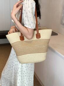 1pc Large Capacity Straw Tote Bag, Women's Woven Handbag, 2025 New Spring Picnic Hiking Travel Beach Bag, Casual Shoulder Crossbody - White - View 4