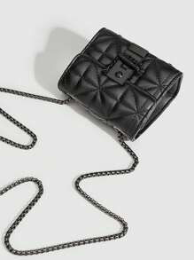 Unique Design Solid Color Mini Square Bag For Women, Commute & Daily Use, Quilted Chain Crossbody Bag - Black - View 5