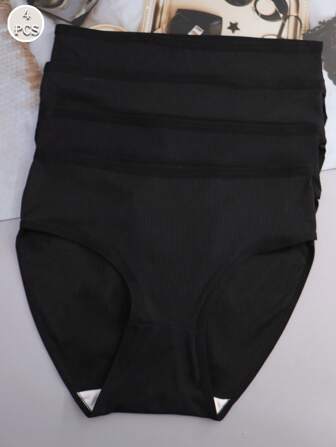 4pcs Women High-Waisted Milk Silk Sports Briefs Underwear, Black