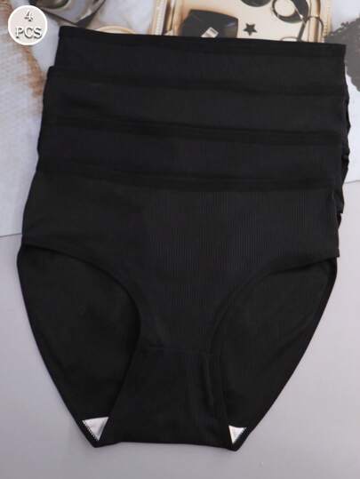 4pcs Women High-Waisted Milk Silk Sports Briefs Underwear, Black