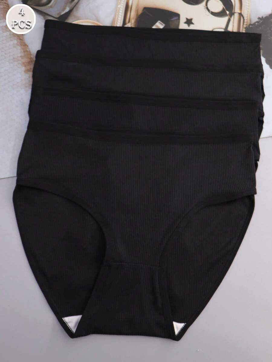 4 件装女士高腰牛奶丝运动三角裤内裤，黑色 - 黑色 - 查看 1
