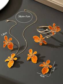 1 套夏季新款橙色不对称花卉吊坠项链、1 对耳环、1 枚戒指、1 条手链女士首饰套装（不含礼品盒） - 橘色 - 查看 5