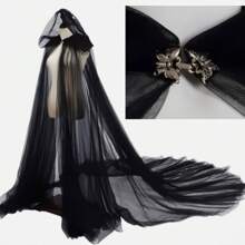 1pc Vintage Solid Color Hooded Capelet Vampire Bride Cloak, Black/Red/White Women Shawl Poncho, Sheer Adult Witch Cosplay Cape With Tail For Halloween, Christmas - Black - View 4