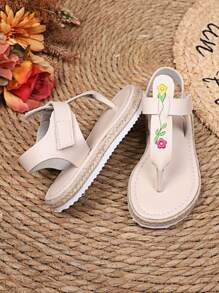 1 双加大码婴幼儿女孩平底凉鞋，纯色 PU 带，彩色刺绣装饰，带钩环扣，圆头，绳子厚底，时尚罗马凉鞋，适合 3-15 岁女孩休闲、旅行、度假穿着，春夏