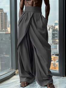 INCERUN Fashion Men High Waist Zipper Wrap Pleated Palazzo Culotte Long Pants Holiday Party Casual Loose Wide Leg Trousers Bottoms - 灰色 - 查看 1