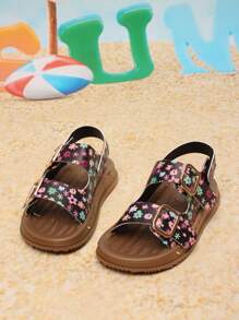 1 paire de sandales plates noires pour filles, fermeture à boucle et à scratch, chaussures d'été polyvalentes et confortables pour l'extérieur et la plage, style minimaliste - Noir - Voir 3