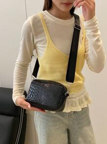 1 件女士黑色亮面仿皮石纹 PU 鳄鱼压纹方形单肩包适合日常通勤和约会