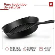 Juego de 3 Piezas de Sartén de Hierro Fundido de Mango Largo, Pre-Marinado, Sartén de Hierro Fundido, Juego de 3 Piezas (6 Pulgadas, 8 Pulgadas y 10 Pulgadas), Negro - Sartén Grill 10" (25 cm) - Ver 4