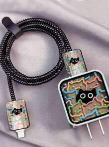 5pcs Cute Cartoon Line Cat Design Charging Protector Case, Compatible With Apple 18W/20W Charger Cable Protector, Charger Protector