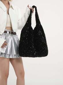 2 pièces Ensemble comprenant un porte-monnaie, un grand cabas pailleté de mode à capacité élevée, un sac à main d'épaule, pailleté brillant tout autour, sac fourre-tout pour l'extérieur/les courses, grand sac à main, style de rue Y2K, pochette de soirée