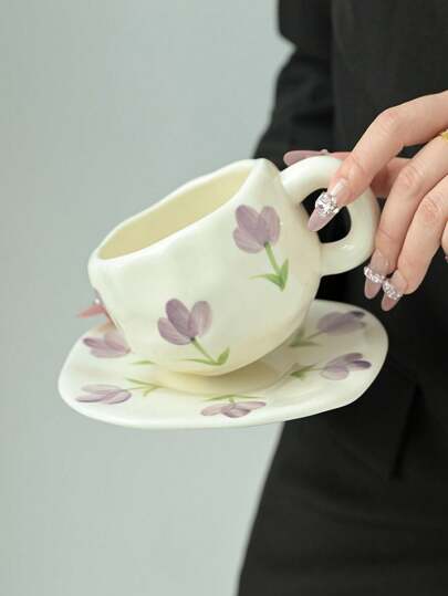 1pc Tulip Ceramic Coffee Cup With Saucer, Retro Handmade Porcelain Mugs, High Quality Cute Milk Cups For Home, Parties, Gifts Back To School