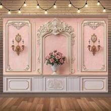 Fondo de fotografía de estilo europeo retro - Elegante fondo de fotografía de poliéster rosa y blanco con decoración de estilo barroco, perfecto para bodas, cumpleaños, fiestas y fotografía, uso en interiores/exteriores, sin necesidad de alimentación, decoración de pared para fiestas | Diseño europeo retro | Tela de fibra de poliéster, decoración de lujo para el hogar