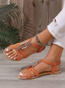 女士串珠平底凉鞋，时尚，夏季，复古，波西米亚风，适合度假