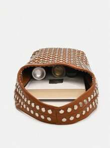 1pc  European& American Punk Style Heavily Embellished Double-Sided Round Riveted Inlaid Fashionable Niche Luxury Bucket Bag, Elegant Shoulder Bag For Professional Women/ Office Use - 棕色 - 查看 7