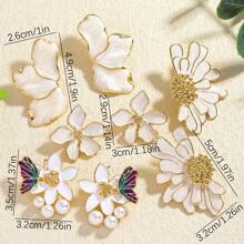 8 Pieces Set Fashion Small White Flower Flower Stud Earrings Drop Oil Metal White Flower Stud Earrings For Women Daily Summer Holiday Party Wear