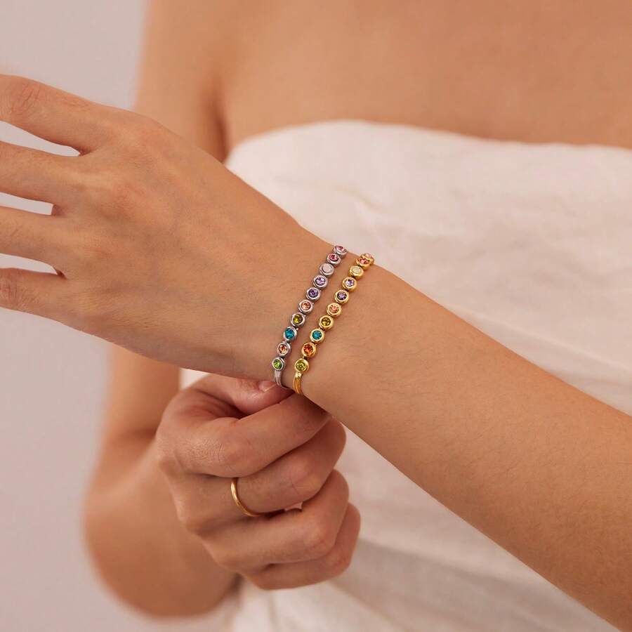 2pcs/Set Fashionable Bride Jewelry, Women's Crystal-Inlaid Gold And Silver Bracelets, Minimalist And Versatile, Elegant Titanium Steel Jewelry Gift For Girlfriend