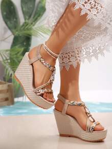 Women's Wedge Sandals 2025 Summer Korean Style Thick Bottom Rhinestone Open Toe Sandals - Apricot - View 4