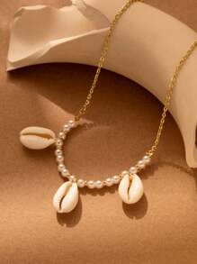 1pc Versatile Boho Style Faux Pearl & Seashell Pendant Necklace, Suitable For Men & Women Everyday Wear, Gorgeous Beach Jewelry Gift - Multicolor - View 3
