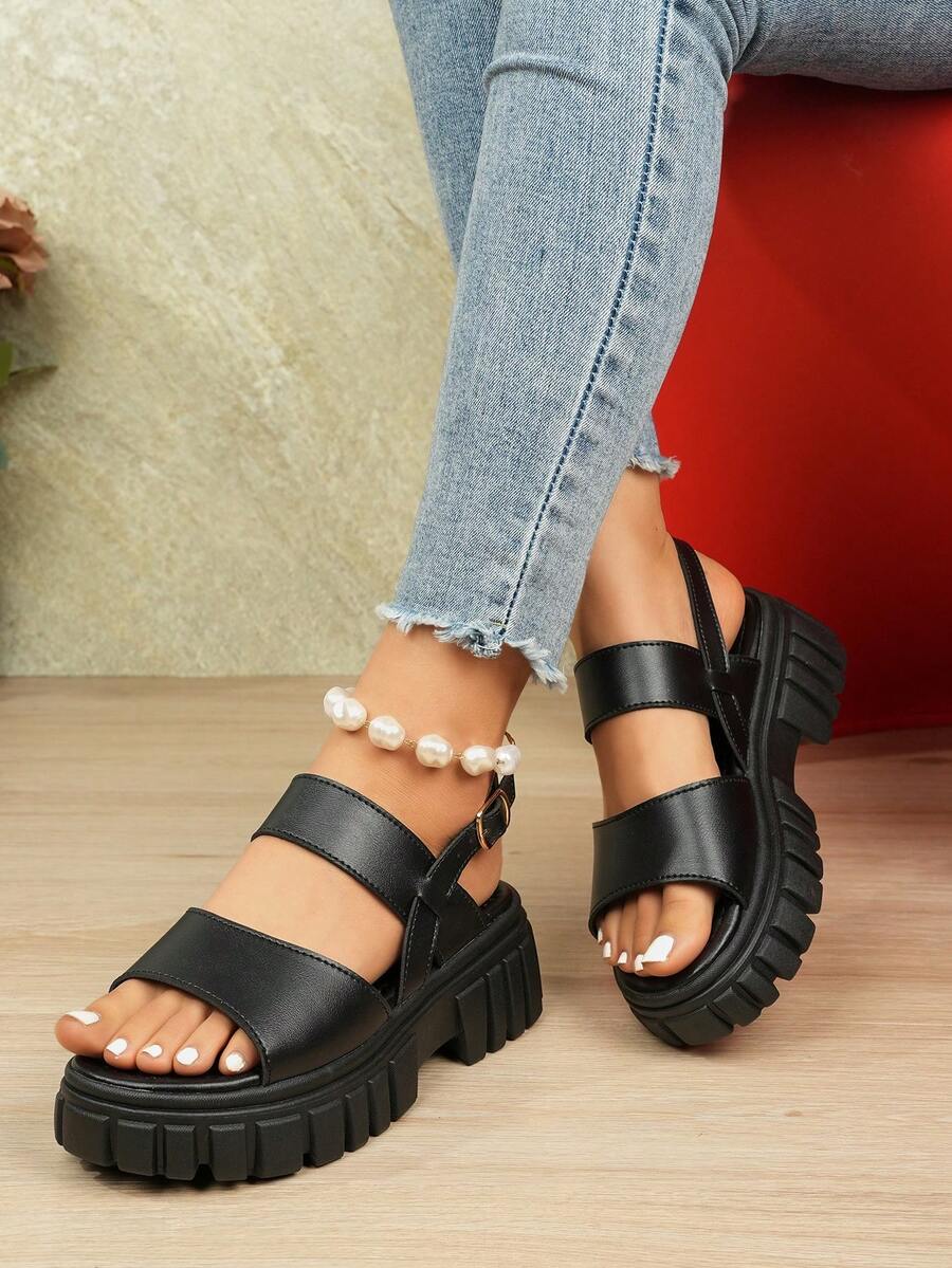 大码女士百搭凉鞋，2025年夏季新款韩国学生防滑厚底罗马平底鞋 - 黑色 - 查看 1