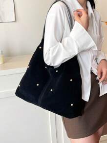 Túi đeo vai lưỡi liềm đinh tán bằng da lộn thời trang mới, Túi lưỡi liềm sức chứa lớn dành cho phụ nữ - màu đen - Xem 2