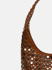 1pc  European& American Punk Style Heavily Embellished Double-Sided Round Riveted Inlaid Fashionable Niche Luxury Bucket Bag, Elegant Shoulder Bag For Professional Women/ Office Use - 棕色 - 查看 6