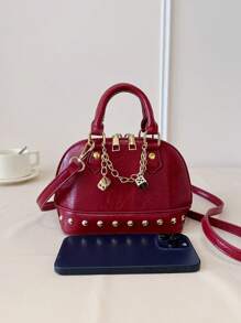 Simple Solid Color Niche Design Dice Chain Pendant Decorative Handbag, Exquisite Small Portable Practical Daily Versatile Lipstick Bag, Rivet Decoration Sweet Cool Hot Girl Adjustable Shoulder Strap Crossbody Bag, Suitable For Dating Shopping Outing Storage Mobile Phone Lipstick Change