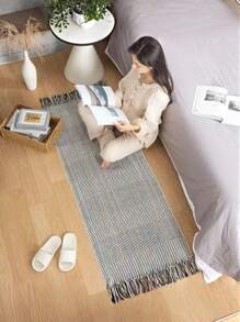 手工流苏编织地毯，精致流苏纹理地毯，多用途地毯，可用于地板、床边、餐椅装饰