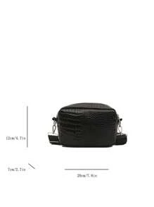 1 件女士黑色亮面仿皮石纹 PU 鳄鱼压纹方形单肩包适合日常通勤和约会