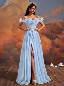 VIPGIRL SHEIN X Hannahelzahed Hannah Dreamy Blue Floral Off-Shoulder Tulle Ball Gown With High Slit, Corset Bodice, Princess Style Maxi Dress, Women Formal & Evening Dresses, Elegant Party Dress, For Wedding Guest