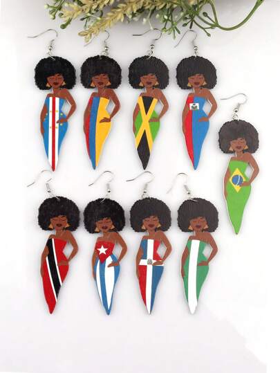1 par de pendientes de madera con estampado UV de mujeres, mapas, banderas nacionales, geografía de África, mujeres africanas, para fiesta vintage, joyería africana, regalo de club DIY