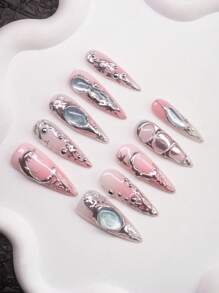 Unhas Postiças Feitas à Mão com Formato de Amêndoa, Estilo Girly Y2K, 10 Peças/Conjunto com 3 Opções de Tamanho, Incluindo Unhas de Olho de Gato Rosa com Padrões Assimétricos de Metal Líquido, Gemas Azuis, Lua e Design de Contas, Adequado para Festa, Baile de Formatura, Uso Diário, Pode Ser Dado como Presente para Mulheres e Meninas, Unhas Postiças, Suprimentos de Unhas - Multicolorido - Visão 3