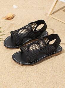 Summer Kids' Mesh Sandals, Fashionable Breathable Flat Slip-On, Casual Holiday Beach Shoes, Suitable For Daily Wear - Black - View 5