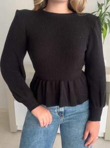 Fang Women's Basic Modal Ruffle Blouse Autumn Winter Knit - màu đen - Xem 2