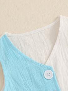 Fashion-Forward Toddler Baby Girl Summer Outfit: Contrast Color Button Down V Neck Sleeveless Tops  Pleated Skirt 2 Pcs Set - Get Ready For Sunshine