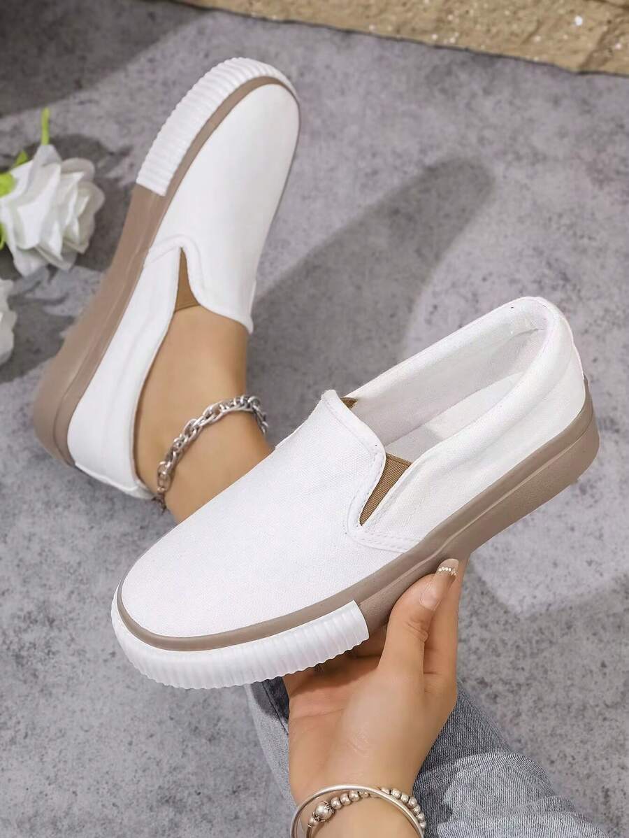 新款一脚蹬平底帆布鞋，舒适休闲乐福鞋，步行鞋，时尚休闲百搭 - 白棕 - 查看 1