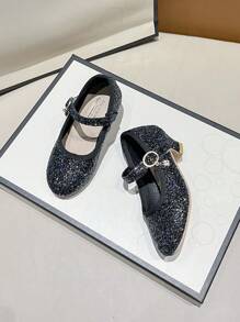 Zapatos de cristal para niñas para primavera y otoño, zapatos de princesa de suela blanda para actuaciones, zapatos de tacón alto con flores para niñas pequeñas dama de honor, nuevos zapatos brillantes de cristal de moda - Negro - Ver 6