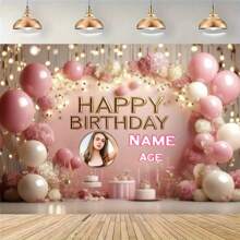 1pc Customizable Photo & Text Personalized Metallic Rose Gold Happy Birthday Banner (Size: 29*39, 39*59, 70*90 Inch) With Pink Floral Accents - Elegant Floral Balloon Wreath And Cake Table, Photo Booth And Outdoor Party Decor, Birthday Party Supplies Mother's Day Graduation,Multi-Functional,Adjustable,Durable,Ornamental,Reusable,Exquisite,Adorable,High-Quality,Modern,Colorful,Cute,Comfortable,Stylish,Custom,Personalized,Unique,Ideal Gifts For Him,Ideal Gifts For Her,Boyfriend,Girlfriend,Dad,Mom,Family,Friends,Youth,Office,Tea Room,School,Home,Home Refresh,Customized Party Backdrops,Personal Items