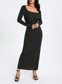 Women Long Bodycon Dress Solid Color Knitted Ribbed Square Neck Long Sleeve Dress Spring Fall Party Club Skinny Dress - Black - View 3