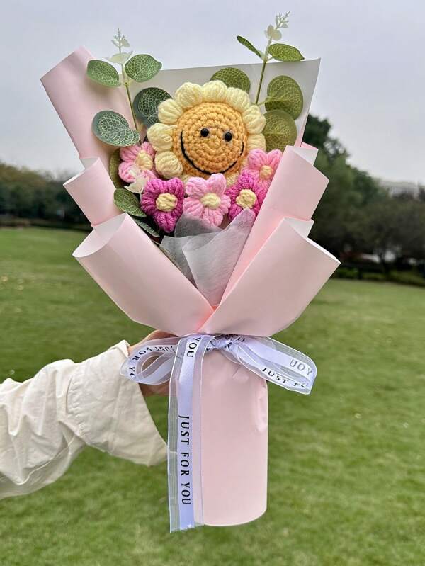 1 pezzo profumo di fiori di girasole realizzato a mano all'uncinetto - ottimo per regalo di compleanno, festa della mamma, festa del papà - decorazione stagionale primaverile da scrivania, senza vaso incluso
