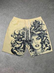 男士休闲美杜莎图案时尚短裤 - 米色 - 查看 2
