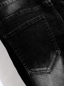 Men's Button Front Pocket Elastic Distressed Denim Jeans, Emo Style, Grunge