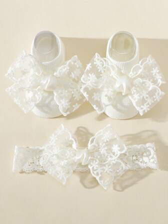 1 set de bandeau à nœud de dentelle douce pour bébé + chaussettes bateau à nœud, été