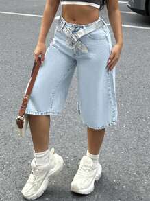 High Waist Bermuda Denim Shorts Without Belt - Light Wash - View 6