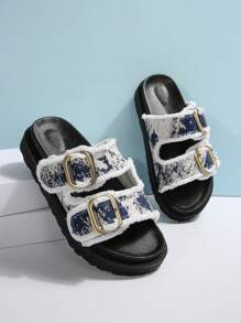 Women's Fashion Versatile Tie Dye Blue & White Tassel Decor Vacation Style Buckle Wedge Platform Slide Sandals, Simple Thick-Soled Casual Outdoor Slippers