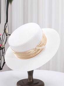 Sombrero de paja estilo francés de copa plana con cinta de perlas en el borde, sombrero de sol para mujer para viajes y vacaciones de verano, gorra de estilo británico para influencer con protección solar, sombrero sólido y casual de poliéster con protección UV y contra el viento, para primavera/verano